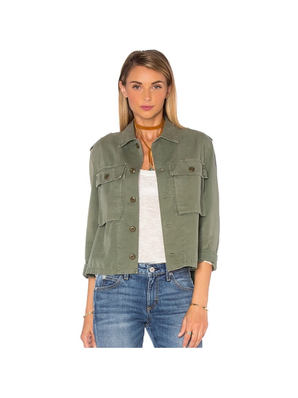 AMO Army Jacket Washed Army Green Button Down Shirt Shacket Sz L